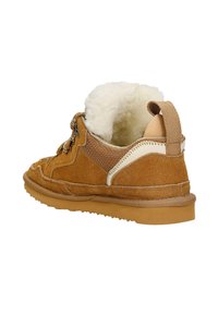Brązowe zamszowe botki za kostkę z puszystym białym wyściełaniem, teksturowanymi bocznymi panelami i gumową podeszwą. Zawierają sznurówki oraz tylne uchwyty.
