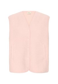 Pihe-puha rózsaszín polár mellény, testhez simuló fazonnal, kerek nyakkal, elülső gombokkal és két oldalsó zsebbel. A szélén finom hemzéssel készült.