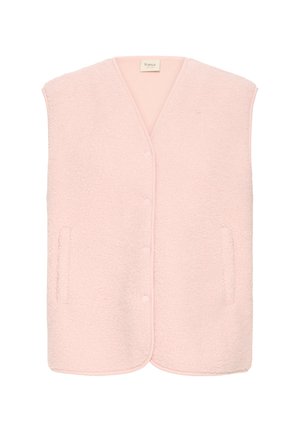 Flis jakna u mekanom ružičastom tonu, s pripijenim dizajnom, okruglim izrezom, prednjim gumbima i dva bočna džepa. Rubovi su završeni hemstitchom.