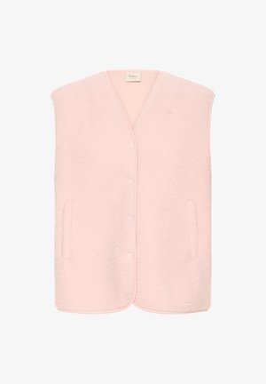 Flis jakna u mekanom ružičastom tonu, s pripijenim dizajnom, okruglim izrezom, prednjim gumbima i dva bočna džepa. Rubovi su završeni hemstitchom.