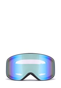 Slidinėjimo akiniai su dideliu, lenktu, veidrodiniu lęšiu, kuriame spalvos pereina nuo mėlynos iki violetinės, apsupti juodo gumos rėmo.