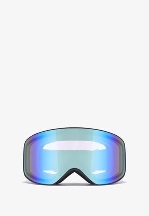 Sí szemüveg nagy, ívelt, tükrözött lencsével, amely kékből lilába átmenő színátmenetet mutat, fekete gumikeret veszi körül.