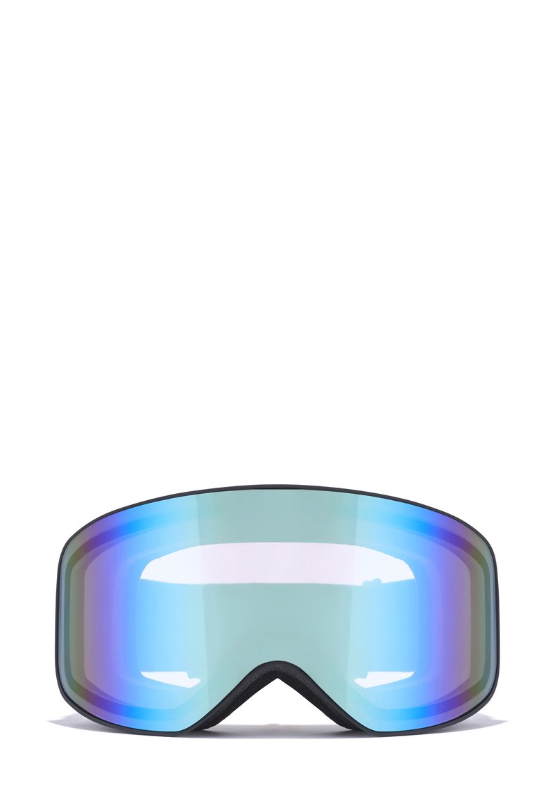 Slidinėjimo akiniai su dideliu, lenktu, veidrodiniu lęšiu, kuriame spalvos pereina nuo mėlynos iki violetinės, apsupti juodo gumos rėmo.