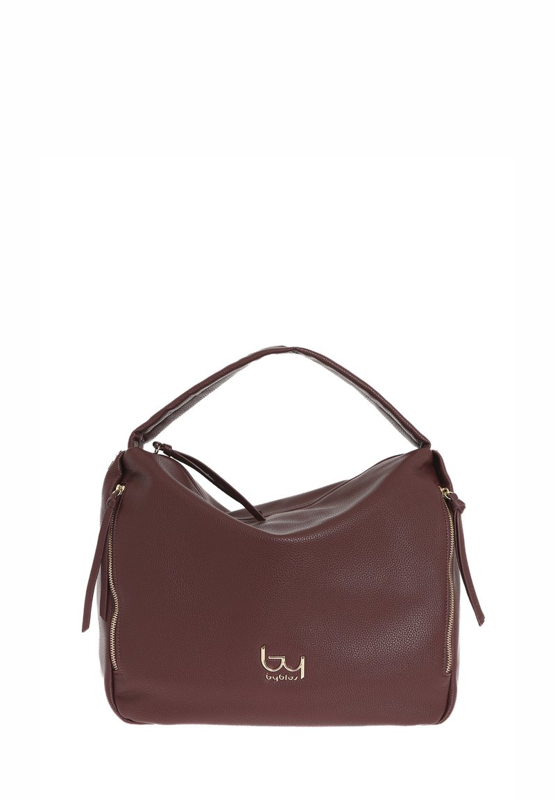 Borsa a mano in pelle marrone con una forma morbida e arrotondata. Presenta una tracolla corta, accessori in oro e una tasca laterale con zip.