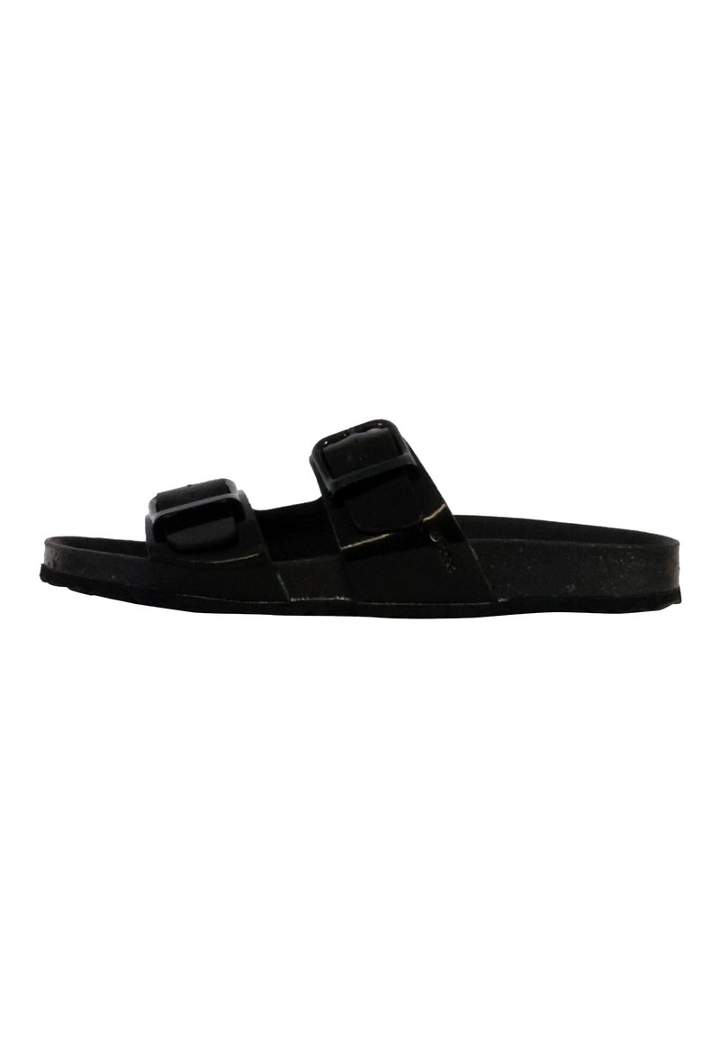 Zwarte schuifsandalen met twee verstelbare banden, platte zool, matte afwerking en rubbermateriaal voor duurzaamheid en comfort.