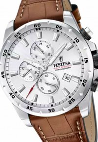 Reloj cronógrafo plateado con esfera blanca, tres subesferas, correa de cuero marrón y una ventana de fecha a las 6 en punto. Resistente al agua hasta 10 bares.