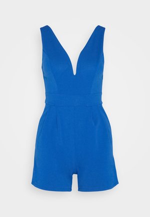 Heldere blauwe mouwloze jumpsuit met diepe V-hals en een strakke taille, met een shorts-stijl onderkant en een gladde stof.