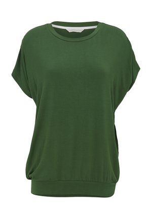 Top verde a manica corta, vestibilità ampia, con scollo tondo e vita aderente realizzato in tessuto liscio.