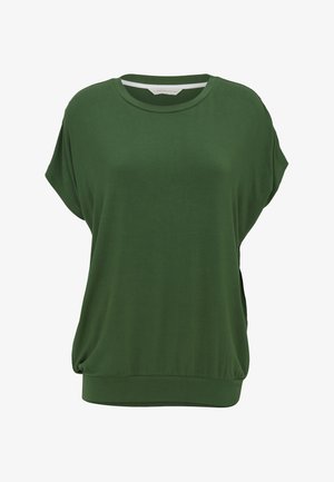 Top verde a manica corta, vestibilità ampia, con scollo tondo e vita aderente realizzato in tessuto liscio.