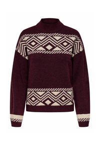 Kastanjebrun strikket sweater med høj krave, prydet med geometriske mønstre i cremefarve og en struktureret overflade. Blødt stof med ribbede manchetter.