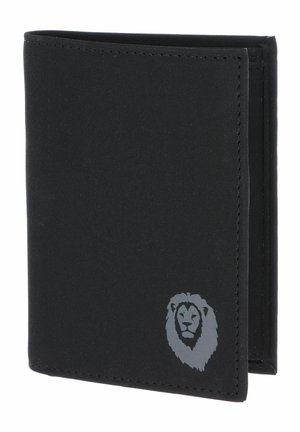 Black bi-fold wallet with a stitched edge and a gray lion head emblem on the lower right corner of the front side.