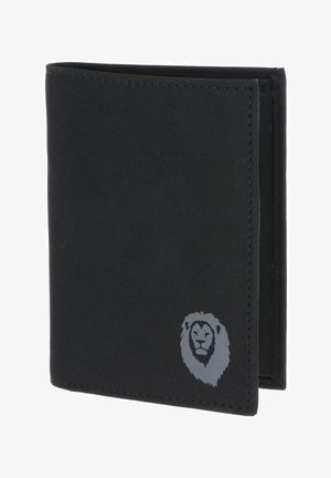 Black bi-fold wallet with a stitched edge and a gray lion head emblem on the lower right corner of the front side.
