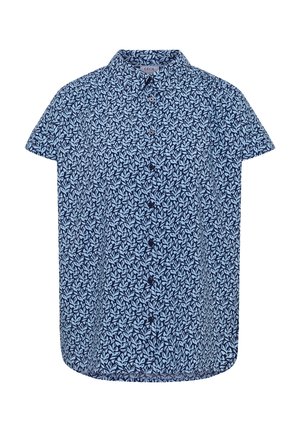 Camisa de manga corta con botones, con patrón de hojas en azul y azul claro, y un cuello pequeño.