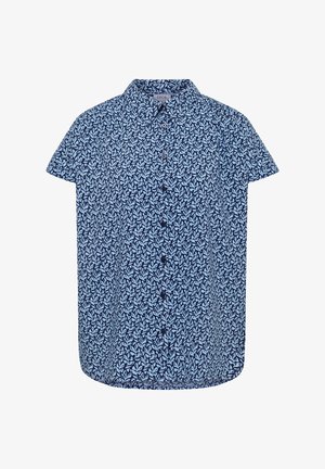 Košile s krátkým rukávem na knoflíky s modrým a světle modrým listovým vzorem a malým límečkem.
