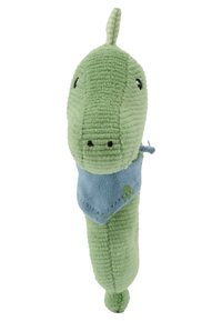 Green corduroy dinosaur plush toy with black button eyes and a blue bandana featuring a green leaf pattern. Features a long, tapered shape.