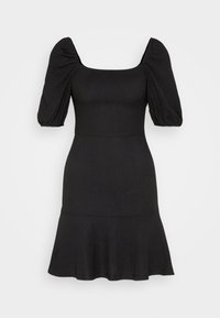 Robe noire avec des manches courtes bouffantes, décolleté carré, corsage ajusté et ourlet évasé. Fabriquée en tissu texturé pour plus de détails.