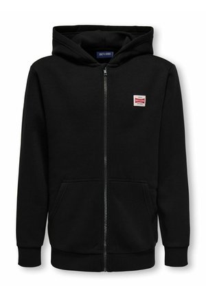 Black zip-up hoodie with front pockets, ribbed cuffs, hood, and small red and white "Only & Sons" logo patch on left chest.