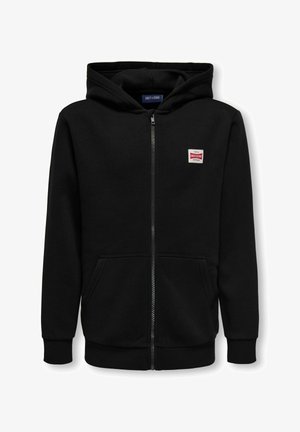 Sweat à capuche noir zippé avec poches avant, poignets côtelés, capuche et petit patch logo rouge et blanc « Only & Sons » sur le côté gauche de la poitrine.
