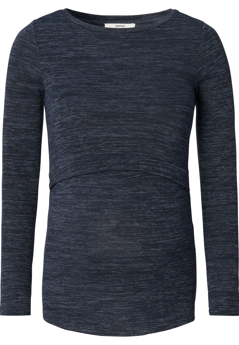 Blusa de maternidade de manga longa, azul marinho, com um tecido texturizado e elástico, apresentando um decote redondo e detalhes franzidos abaixo do busto.