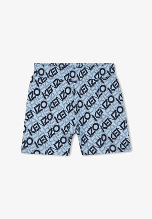 Blauwe shorts met een gedurfd, herhaald zwart tekstpatroon van "KENZO" en "PARIS." Gemaakt van een lichtgewicht stof met een elastische tailleband.