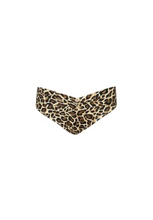 Bikini-Unterteil mit Leopardendruck und V-förmiger Vorderseite, in einer Farbpalette aus Beige, Schwarz und Braun. Weiches Material mit glatter Textur.