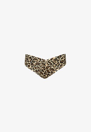Leopard print bikini bottom with a V-shaped front, featuring a color palette of beige, black, and brown. Soft fabric with a smooth texture.