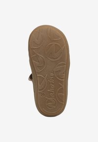 Gummisula till sandal, ljusbrun med texturerade virvlar och präglad varumärkeslogotyp. Visar slitspår och storlek "20" tryckt på sidan.