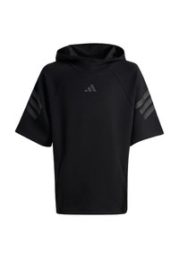 Svart kortärmad hoodie med framficka, Adidas-logotyp på bröstet och tre ränder på varje ärm.