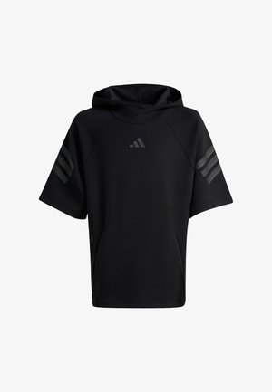 Must lühikeste varrukatega kapuutsiga särk esikülje taskuga, Adidas logo rinnal ja kolm triipu kummalgi varrukal.