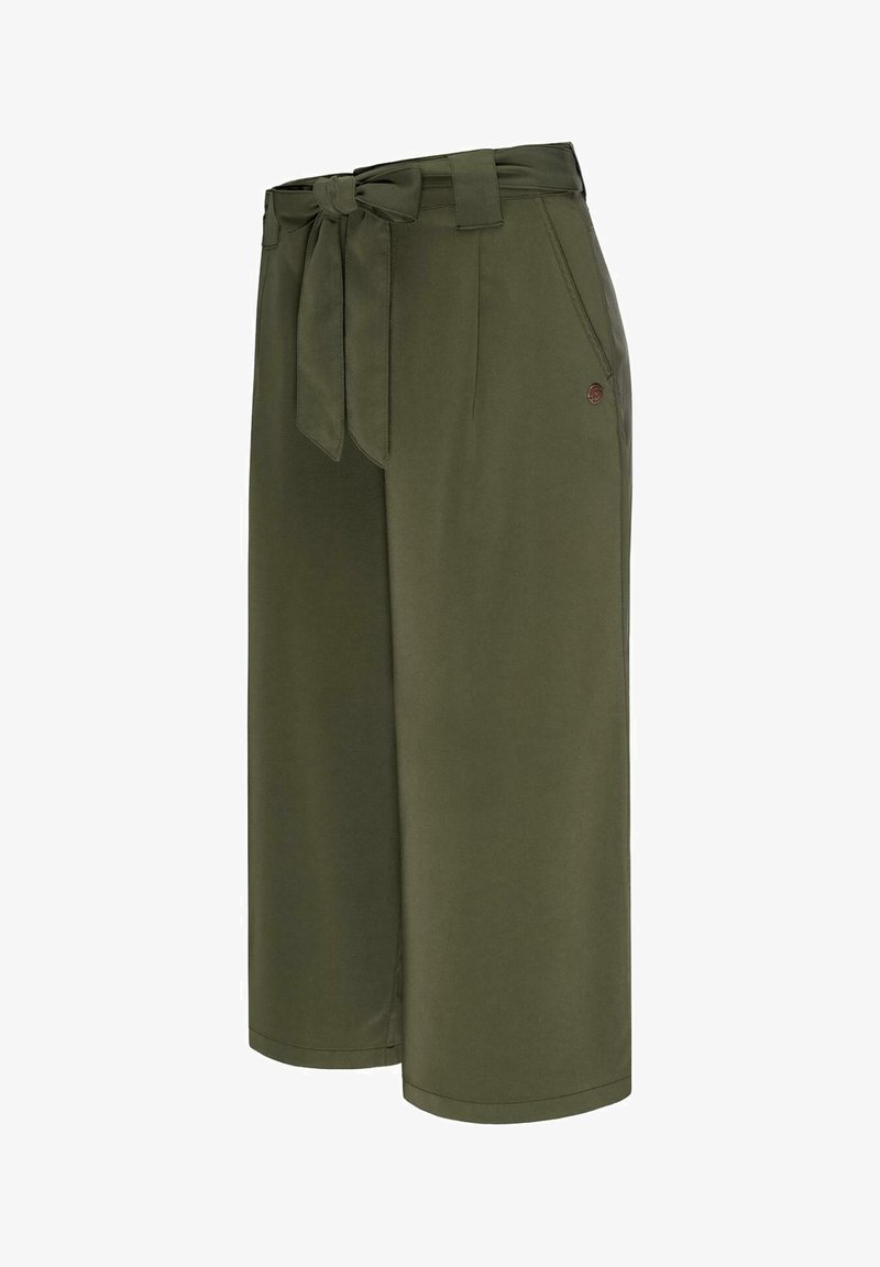 Olivově zelené kalhoty culottes vyrobené z hladké tkaniny, s páskem v pase, dvěma bočními kapsami a diskrétním logem na boku.