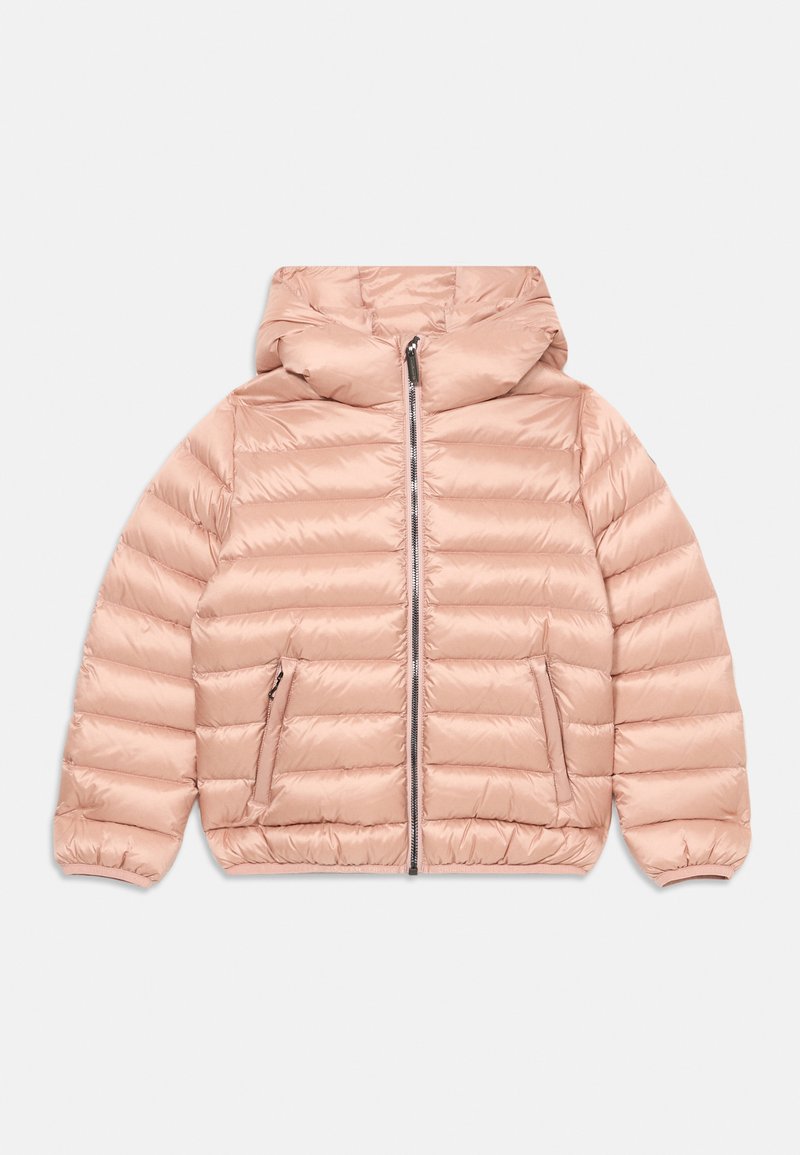 Švarkas pūkuotas šviesiai rožinės spalvos, su kapišonu, užtrauktuku priekyje ir dviem šoniniais kišenėmis, su siuvinėjimu ir elastinėmis rankovėmis.