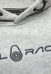 Sudadera gris hecha de una tela suave, con un gran logo bordado en azul oscuro. Incluye un cordón con puntas de plástico negro y un escote clásico.