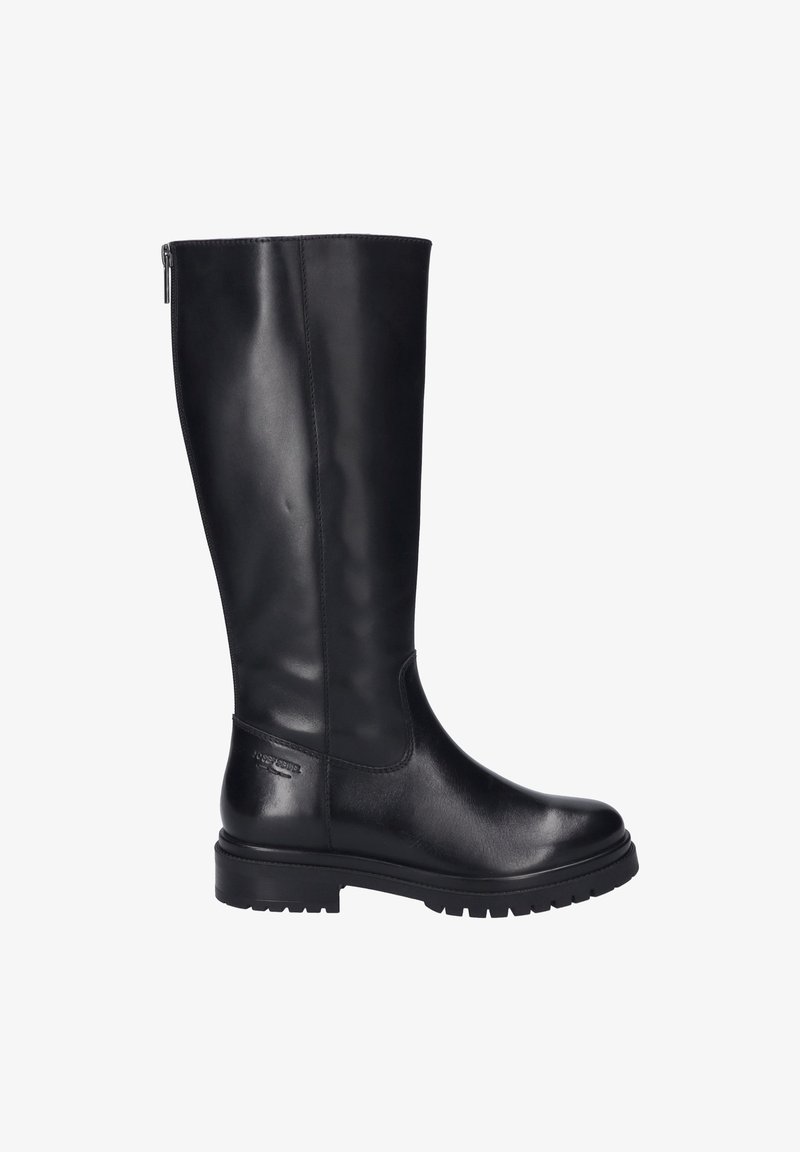 Bottes noires montantes jusqu'au genou en cuir lisse, avec un bout arrondi, une semelle texturée et une fermeture éclair latérale pour un enfilage facile.