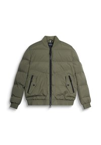 Maslinasto zelena jakna od puffer materijala s podignutim ovratnikom, prednjim patentnim zatvaračem i dva prednja džepa s flapom. Ima rebraste manžete i rub.