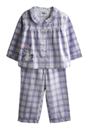 Pigiama a quadretti lilla e bianco per bambino con maniche lunghe, bottoni sul davanti, colletto alla Peter Pan e con un coniglietto e fiori ricamati sul lato sinistro della parte superiore.