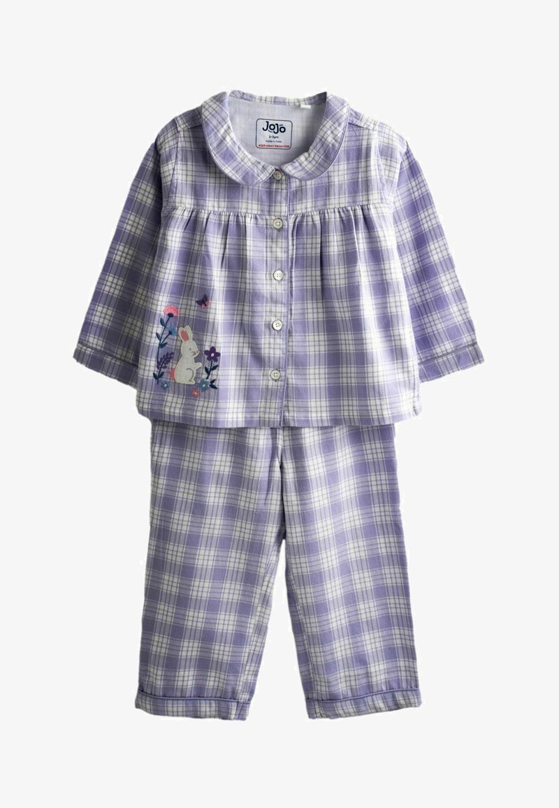 Pyjama pour tout-petit à manches longues à carreaux lilas et blancs, fermeture à boutons, col Claudine, avec un lapin et des fleurs brodés sur le côté gauche du haut.