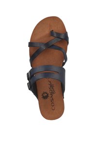 Mørkeblå remsandaler med korksål, der har krydsede stropper og en spænde accent. Indersålen er prydet med et præg af et logo.