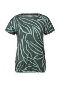 Camiseta verde de manga corta, con un patrón ligero de hojas de menta. Fabricada en un tejido suave con un corte relajado y escote redondo.