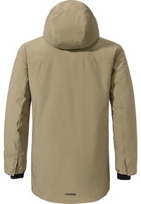 Beige Außenjacke mit Kapuze. Glatter, strukturierter Stoff, mittellanges Design und elastische Bündchen. Mit einem Logo-Detail auf dem Rücken.