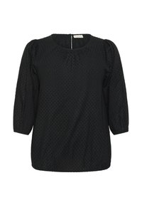 Zwarte blouse met ronde halslijn, driekwart pofmouwen, textuur met stippenpatroon en geplooide details bij de halslijn en zoom.