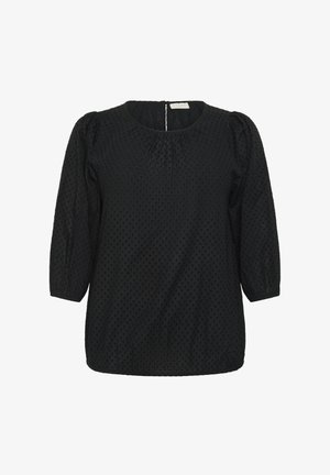 Czarna bluzka z okrągłym dekoltem, rękawami o długości 3/4 z bufkami, teksturowanym wzorem w groszki oraz marszczeniami przy dekolcie i u dołu.