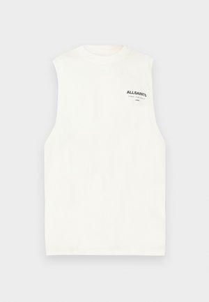 Haut blanc sans manches en coton avec un col rond. Présente un petit logo noir "ALLSAINTS" sur le côté gauche de la poitrine. Texture lisse.