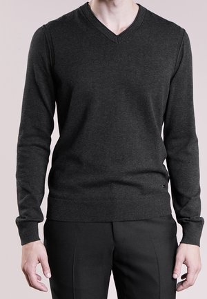 Man wearing a dark gray V-neck sweater and black pants, standing with hands relaxed by sides on a neutral background.