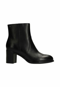 Zwarte leren enkellaars met blokhak en een gladde afwerking, zijaanzicht dat de afgeronde neus en minimale stiksels toont.