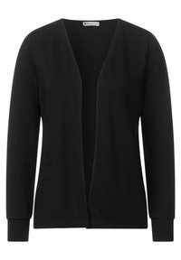 Černý cardigan s měkkou, strukturovanou tkaninou, otevřeným předním dílem a dlouhými rukávy; má minimalistický design a žádné viditelné kování.