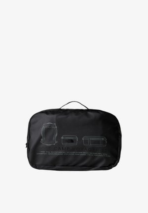 Bolsa retangular preta com o logótipo da The North Face, apresentando desenhos lineares dos compartimentos e características da bolsa, incluindo bolsos e divisórias.
