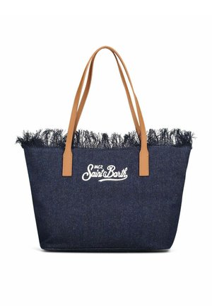 Sac cabas en denim bleu foncé avec poignées en cuir fauve, bord supérieur effiloché et logo blanc "Mc2 Saint Barth" à l'avant.