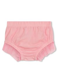 Pantaloni bloomer per bambini piccoli in morbido tessuto a rete rosa, con bordi arricciati, vita elasticizzata e un design arricciato per il comfort.