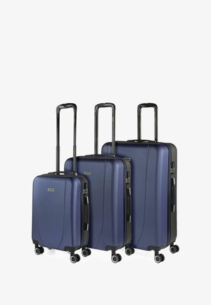 Tres maletas rígidas azules de diferentes tamaños, con detalles en negro, asas retráctiles y ocho ruedas multidireccionales.