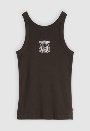 Mørkebrunt ribbet tank topp med et hvitt grafisk trykk som viser "Levi Strauss & Co." og dekorative elementer på forsiden.